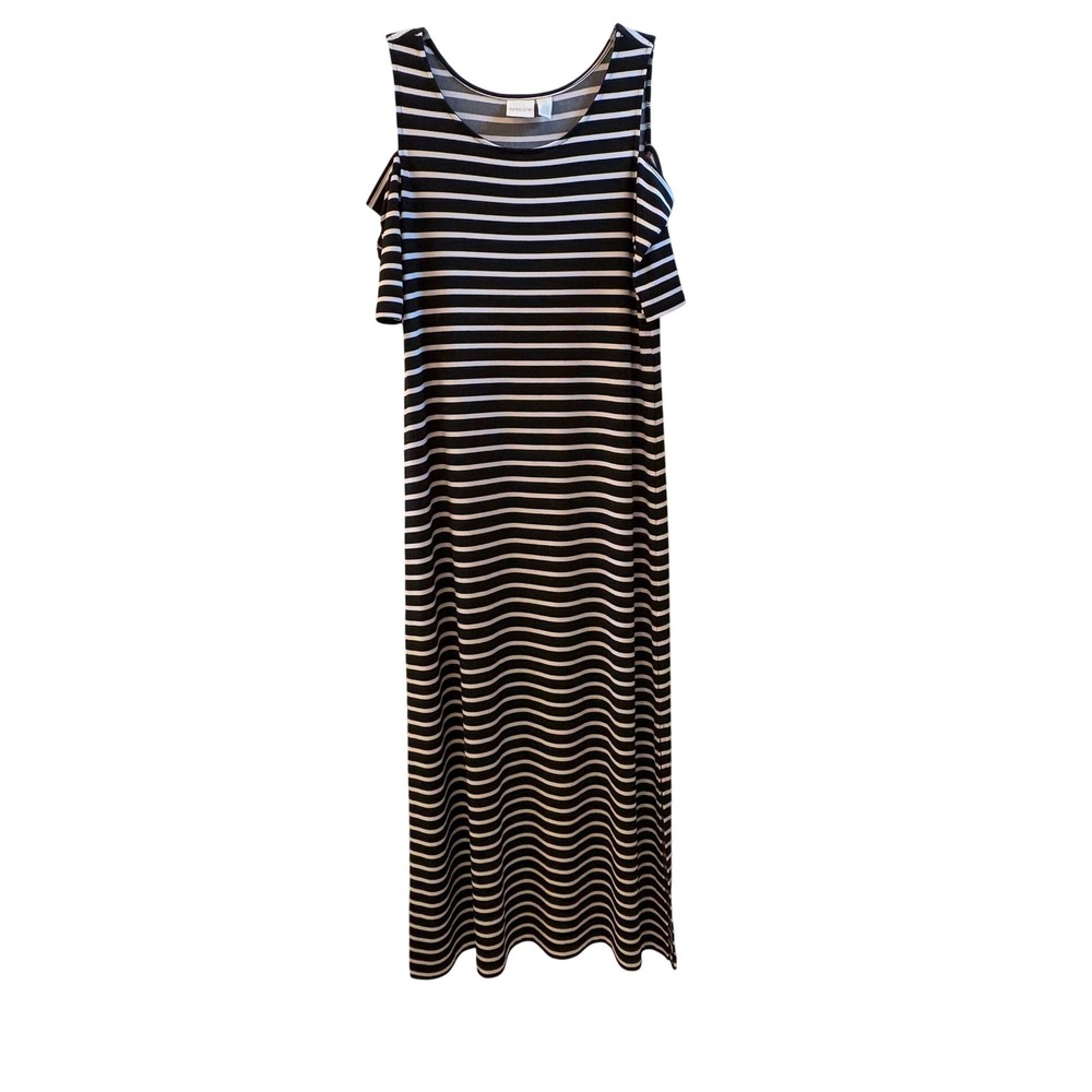 Chicos Black White Striped Cold Shoulder Maxi Dress Side Slit Nautical Sz Small‎